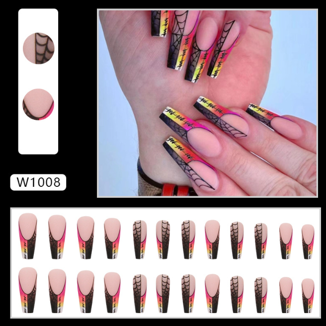 Matte Gradient Rainbow False Nails with Black & Red Spider Web Design – Long Ballet Shape