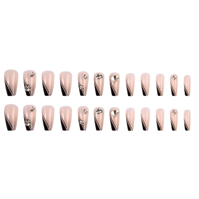 Black French‑Style False Nails with Beveled Tips and Rhinestone Accents