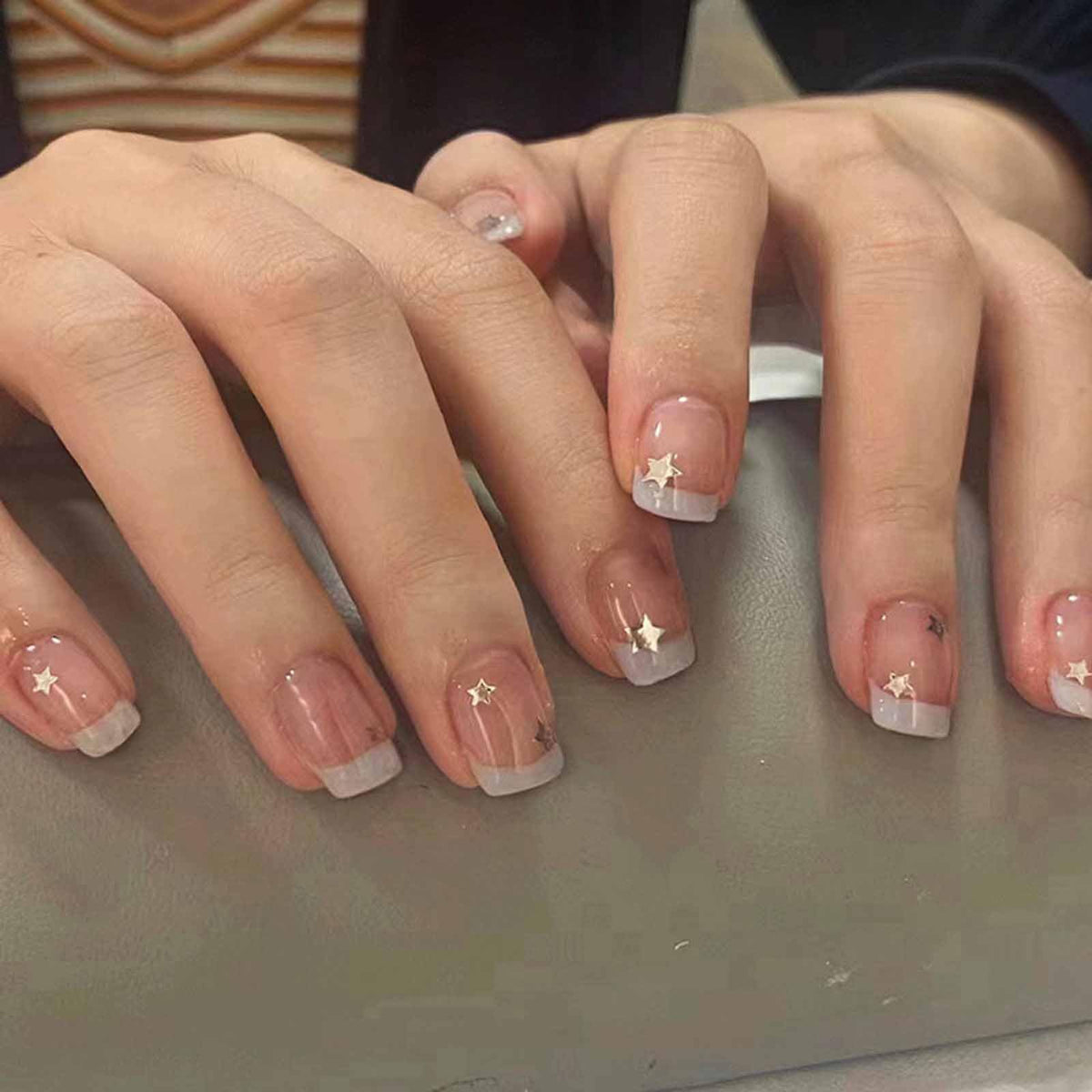 Press on Nails Short Acrylic False Nails French Gradient Stars Designs Nails Square Artificial Glossy Pink Nails for Women and Girls- 24 pcs 4.67