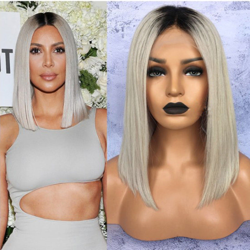 Silver Gray Synthetic Short Straight Wig with Middle Part