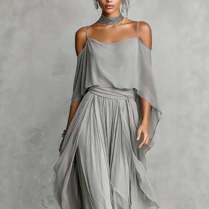 Chiffon Off-Shoulder Wide-Leg Pants Set for Women