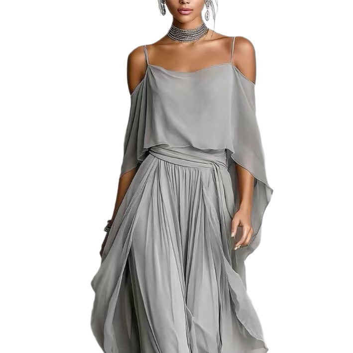 Chiffon Off-Shoulder Wide-Leg Pants Set for Women