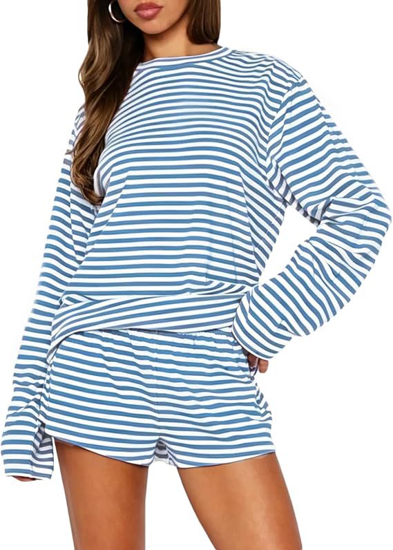 Women's Casual Striped Long Sleeve Shorts Set