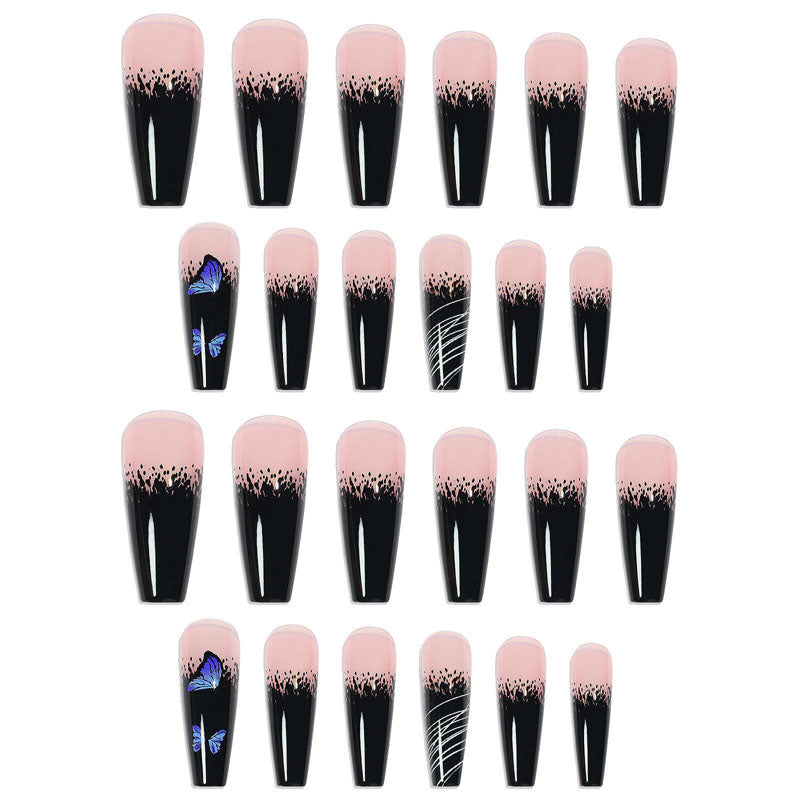 coffin French Nails with Blue Butterfly Design