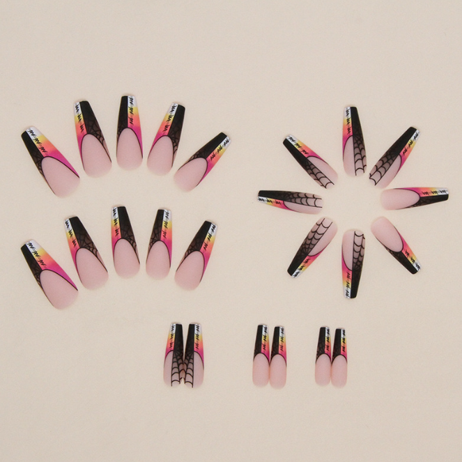 Matte Gradient Rainbow False Nails with Black & Red Spider Web Design – Long Ballet Shape