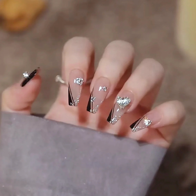 Black French‑Style False Nails with Beveled Tips and Rhinestone Accents