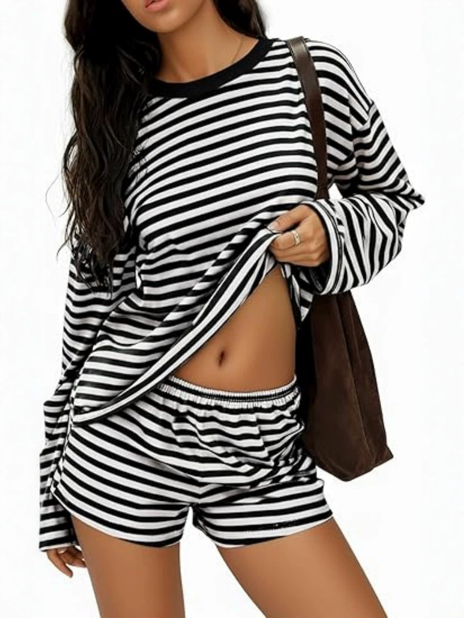 Women's Casual Striped Long Sleeve Shorts Set
