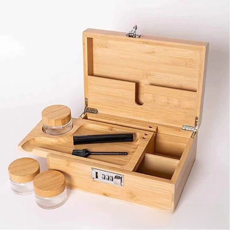 Bamboo Wood Lockable Storage Box Flip-Top Organizer for Tobacco Cigars