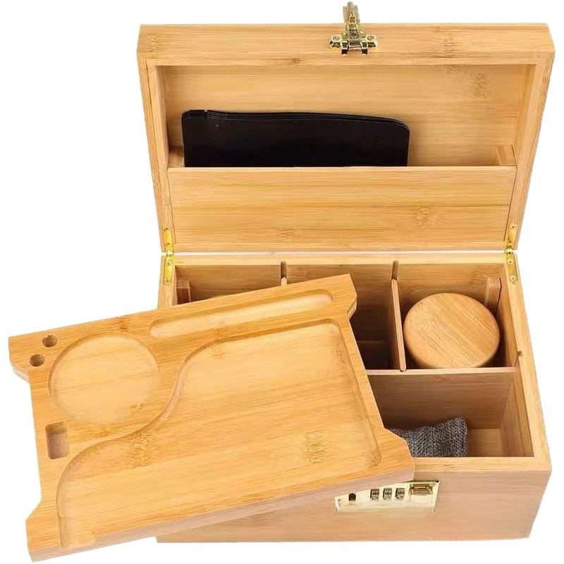 Bamboo Wood Lockable Storage Box Flip-Top Organizer for Tobacco Cigars