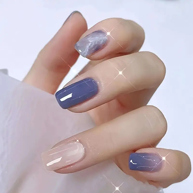 24pcs Glitter Blue Square Head Artificial Nails with Glue