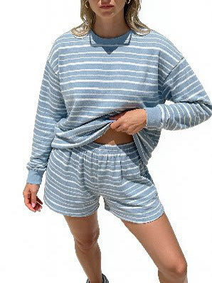 Women's Casual Striped Long Sleeve Shorts Set