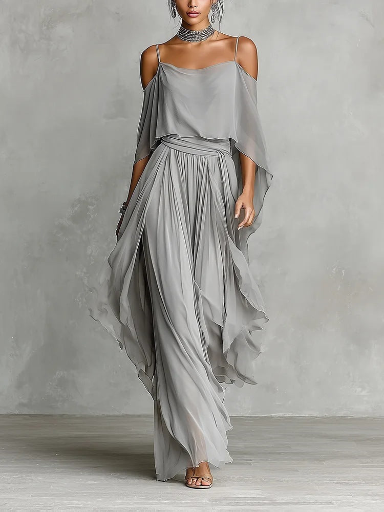 Chiffon Off-Shoulder Wide-Leg Pants Set for Women