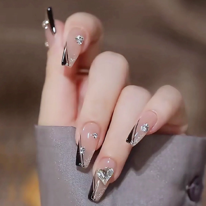 Black French‑Style False Nails with Beveled Tips and Rhinestone Accents