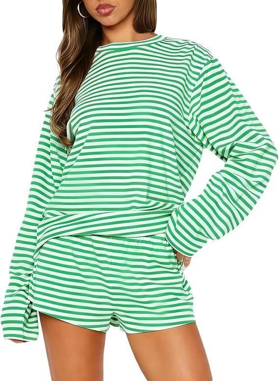 Women's Casual Striped Long Sleeve Shorts Set