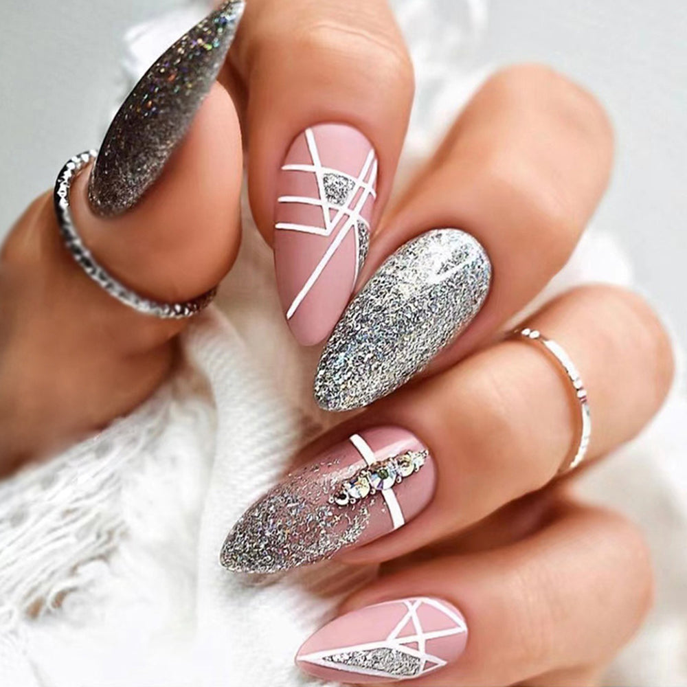 Glitter Geometric Rhinestone Mid-Length Fake Nails