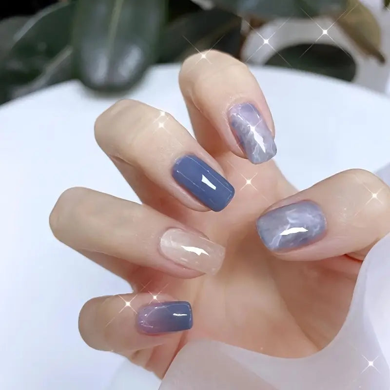 24pcs Glitter Blue Square Head Artificial Nails with Glue