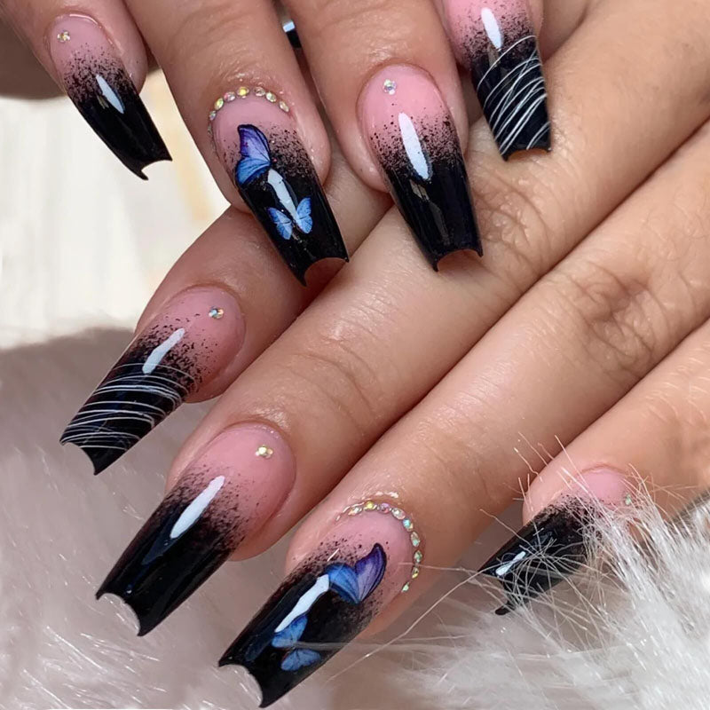 coffin French Nails with Blue Butterfly Design