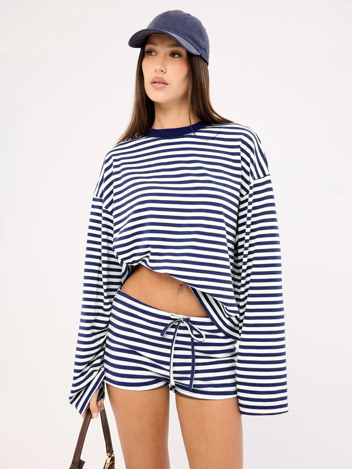 Women's Casual Striped Long Sleeve Shorts Set