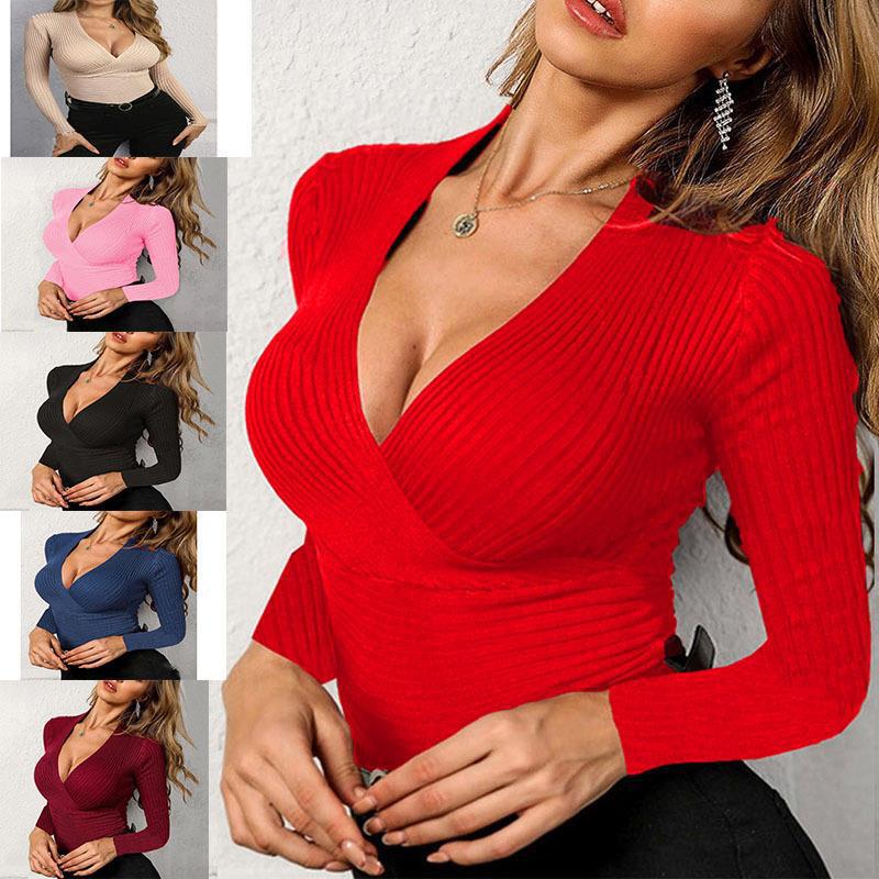 Ribbed Long Sleeve V-Neck Women's Shirt