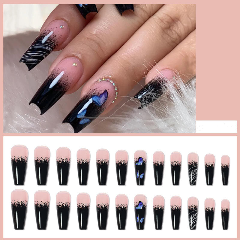 coffin French Nails with Blue Butterfly Design