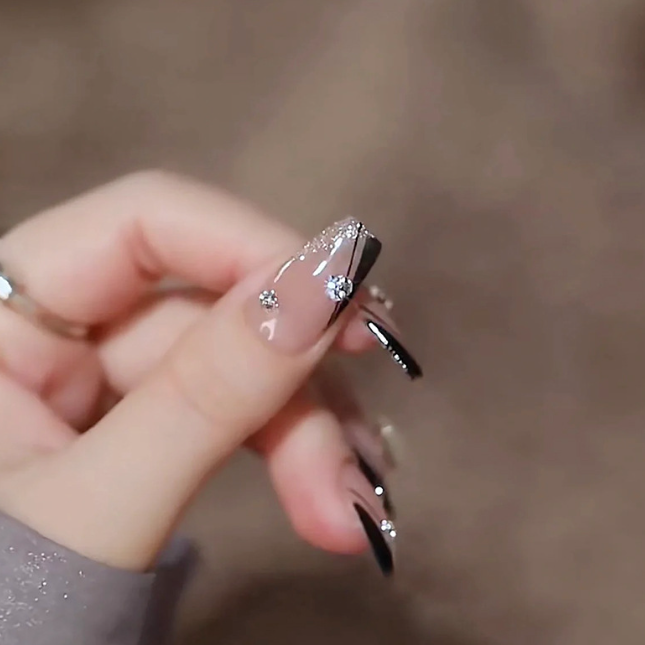 Black French‑Style False Nails with Beveled Tips and Rhinestone Accents