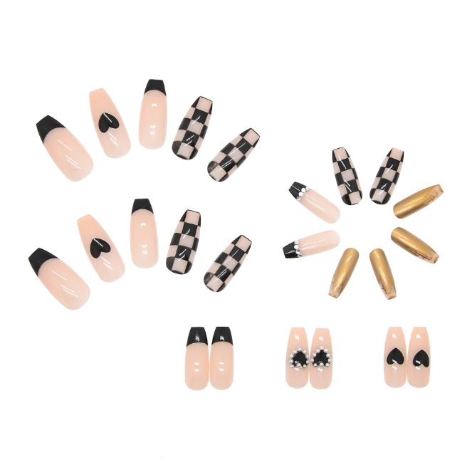 Black Checkerboard Love Manicure Fake Nails Set