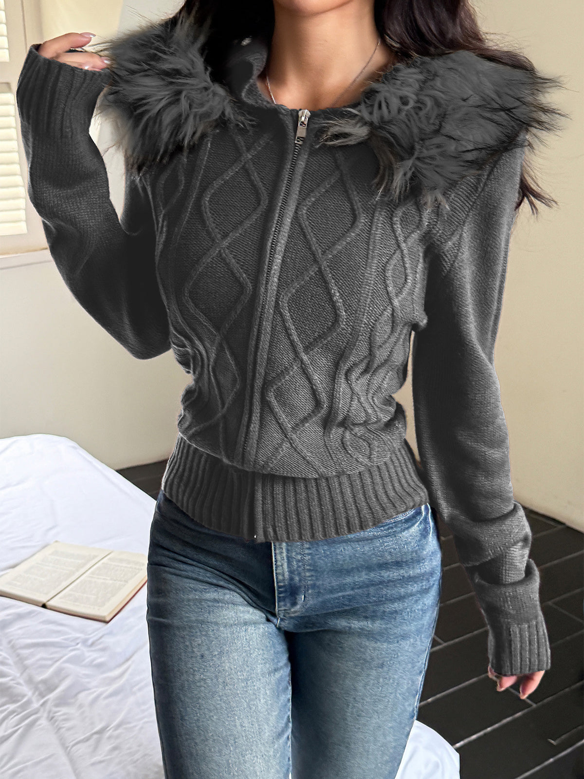 Women knit hooded coat