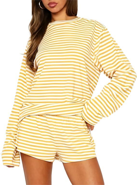 Women's Casual Striped Long Sleeve Shorts Set