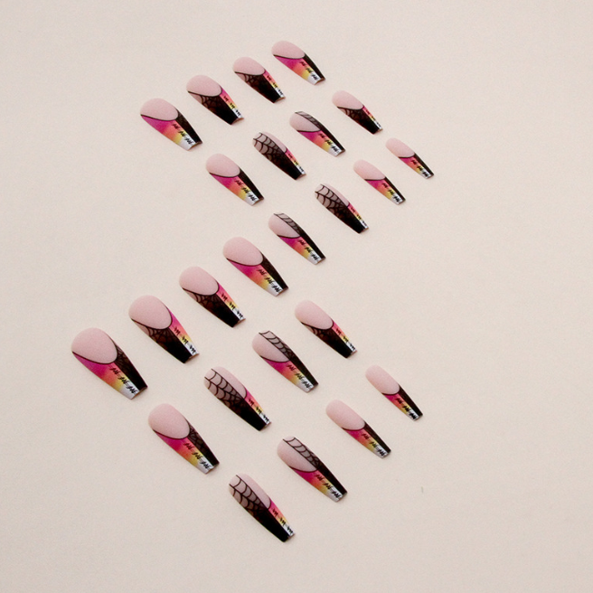 Matte Gradient Rainbow False Nails with Black & Red Spider Web Design – Long Ballet Shape