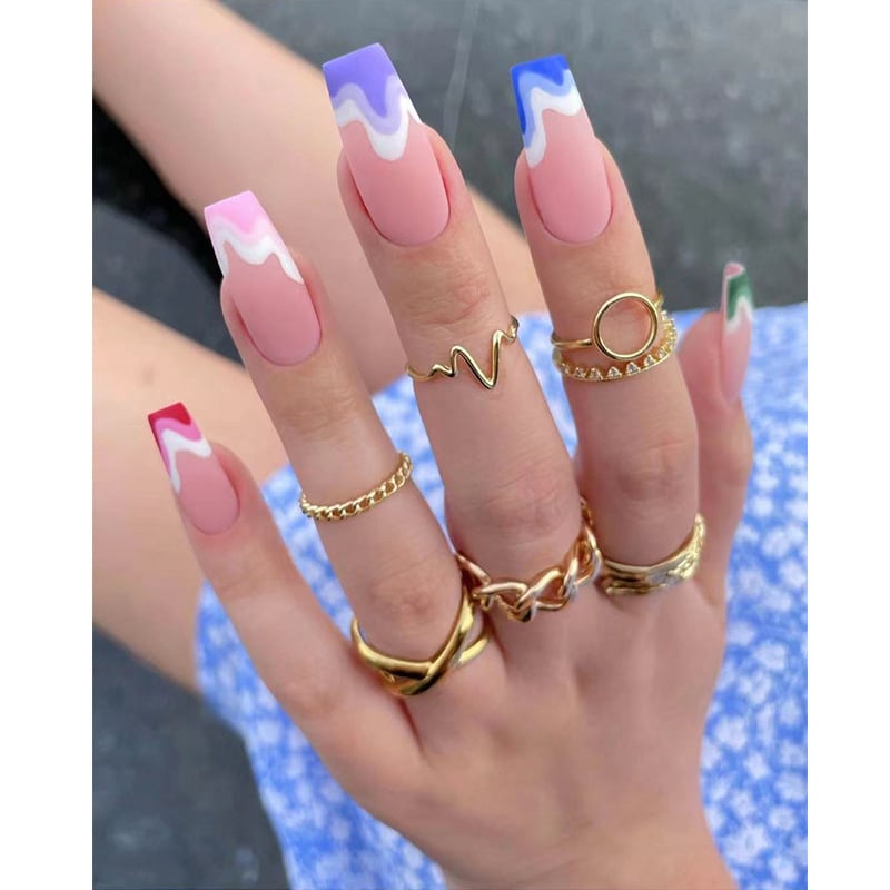 Multicolored Wave Pattern Extra Long Ballerina Nails