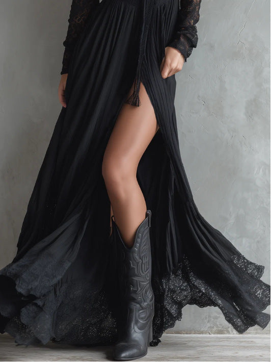 Western Style Lace Panel Split Black Long Dress