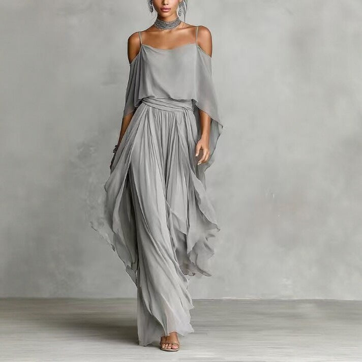 Chiffon Off-Shoulder Wide-Leg Pants Set for Women