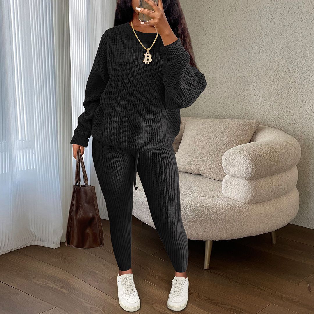 Womens Casual Knitwear Long Sleeve Two Piece Pants Set