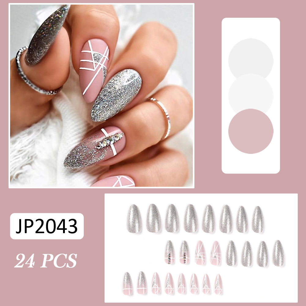 Glitter Geometric Rhinestone Mid-Length Fake Nails