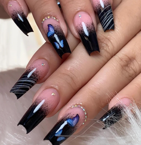 coffin French Nails with Blue Butterfly Design