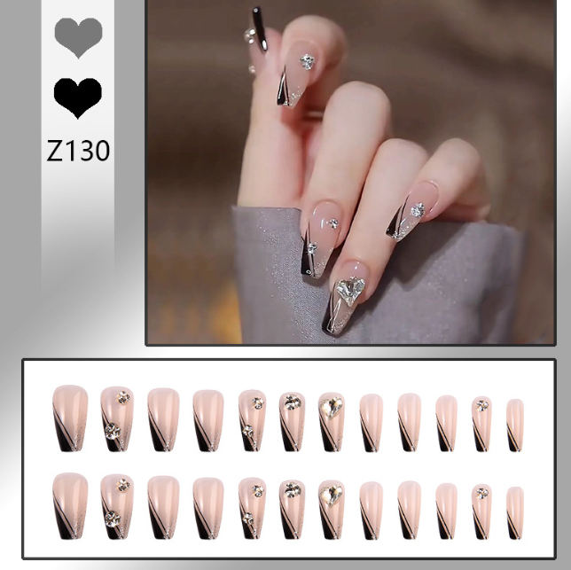 Black French‑Style False Nails with Beveled Tips and Rhinestone Accents
