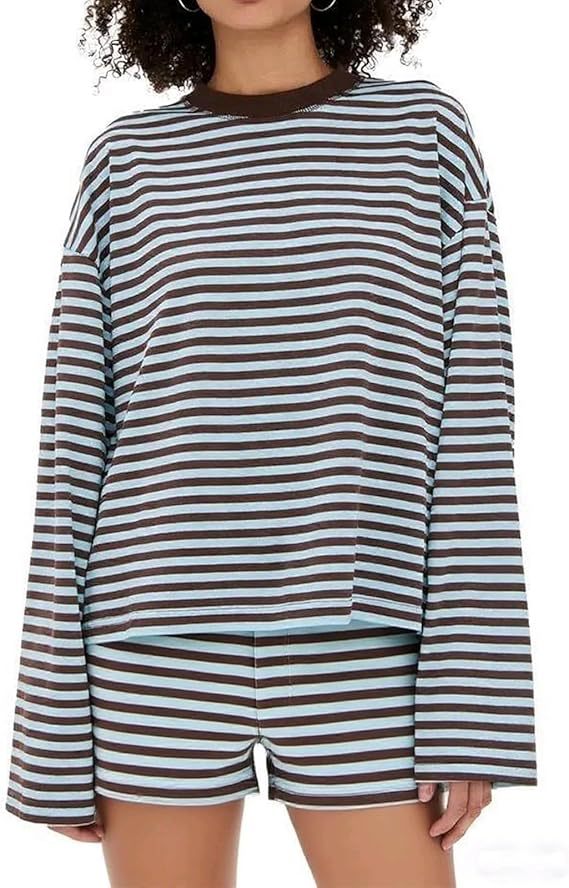 Women's Casual Striped Long Sleeve Shorts Set