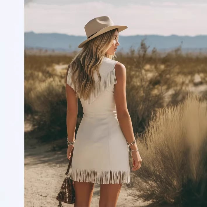 Western Retro V-Neck Fringe Mini Dress