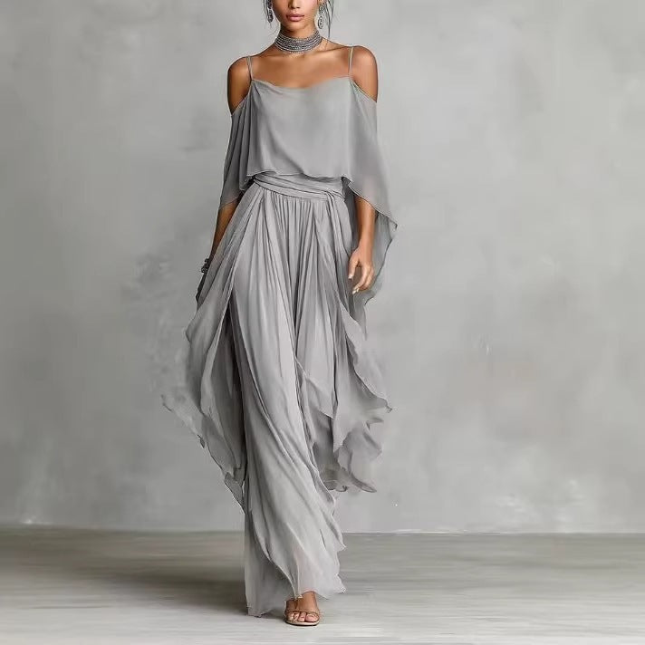 Chiffon Off-Shoulder Wide-Leg Pants Set for Women