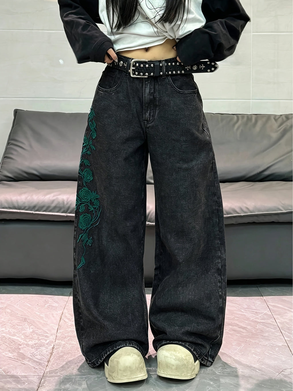 Floral Embroidered Wide Leg Pants