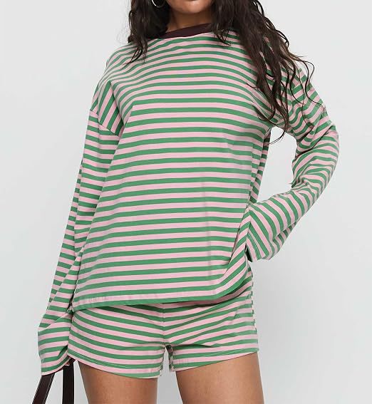 Women's Casual Striped Long Sleeve Shorts Set