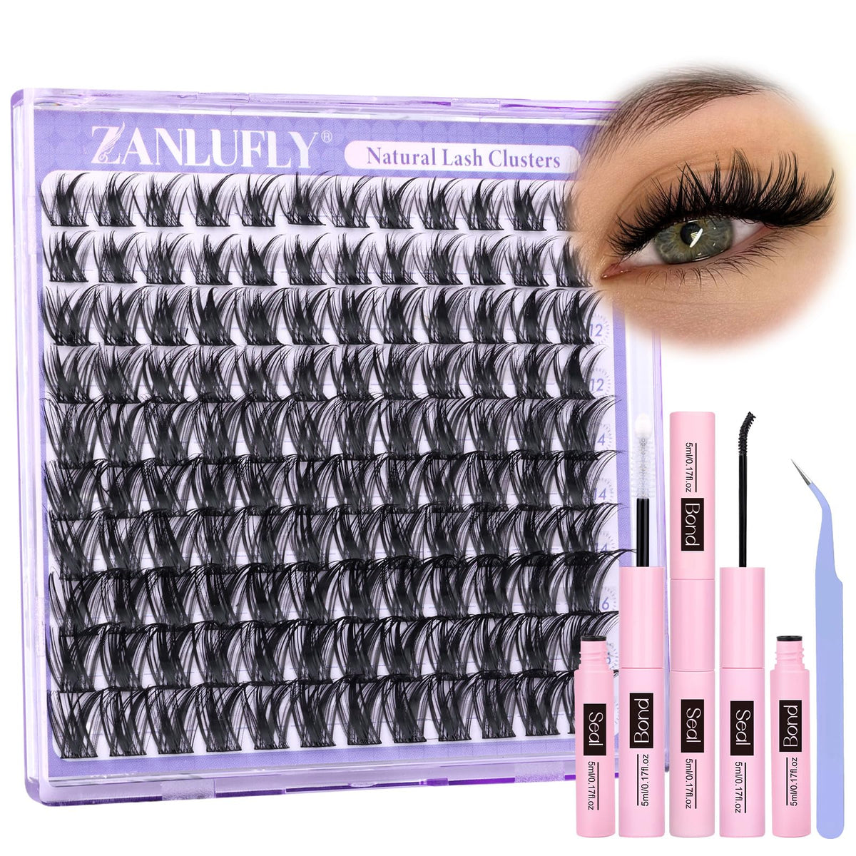 Natural Lash Clusters Kit DIY Lash Extensions Kit Wispy Eyelash Clusters Kit 10-16MM Individual Lashes Kit C Curl Eyelash Extensions with Lash Bond and seal and Lash Tweezers by ZANLUFLY