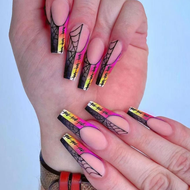 Matte Gradient Rainbow False Nails with Black & Red Spider Web Design – Long Ballet Shape