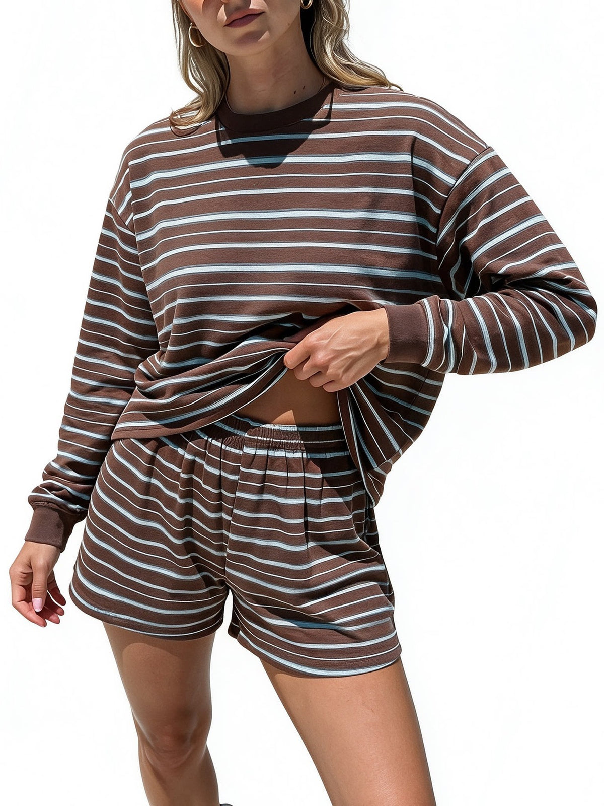 Women's Casual Striped Long Sleeve Shorts Set