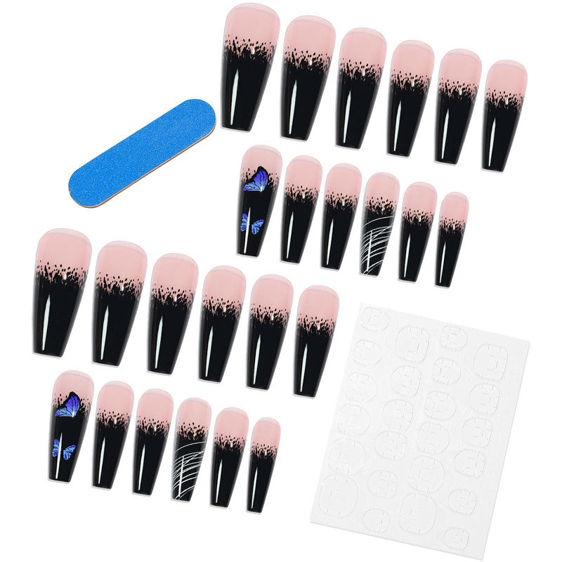 coffin French Nails with Blue Butterfly Design