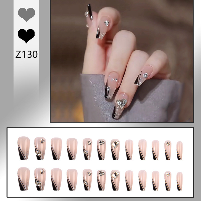 Black French‑Style False Nails with Beveled Tips and Rhinestone Accents