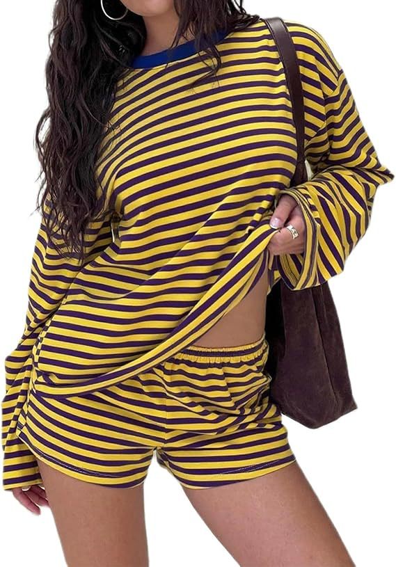 Women's Casual Striped Long Sleeve Shorts Set