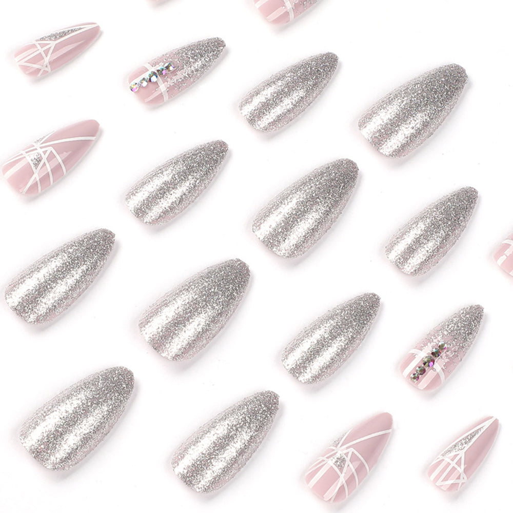 Glitter Geometric Rhinestone Mid-Length Fake Nails